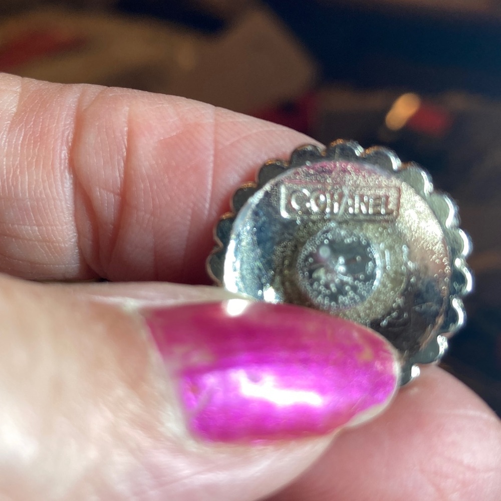 Chanel Earrings,stamped buttons turned into Silver-Tone Earrings, rhinestones - Picture 6 of 9